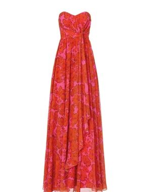 Badgley Mischka Red and Pink Strapless Floral Gown